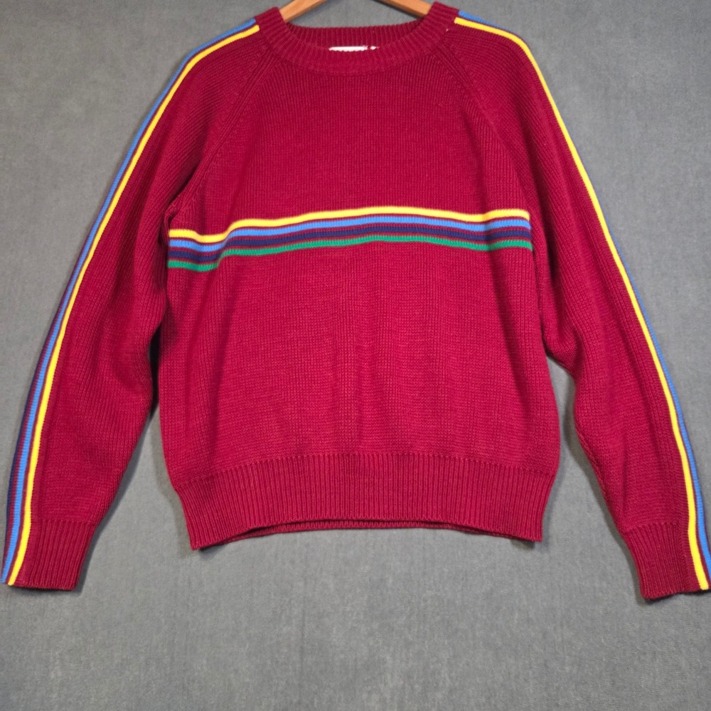 Pyramid Sweater Mens Large Red Rainbow Stripe Raglan Sleeve Acrylic Knit Vintage